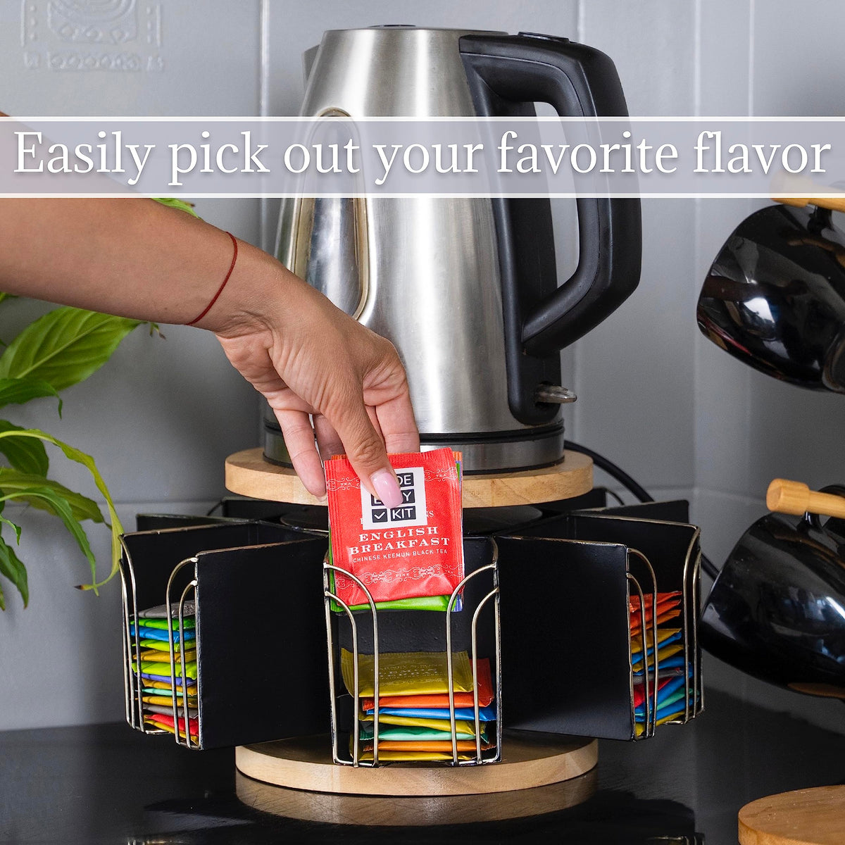 Made Easy Kit Metal Carousel Tea Bag Organizer & Kettle Stand Caddy- Modern Countertop Storage Solution for Tea Bags - Convenience for Home, Office, Kitchen (Black)