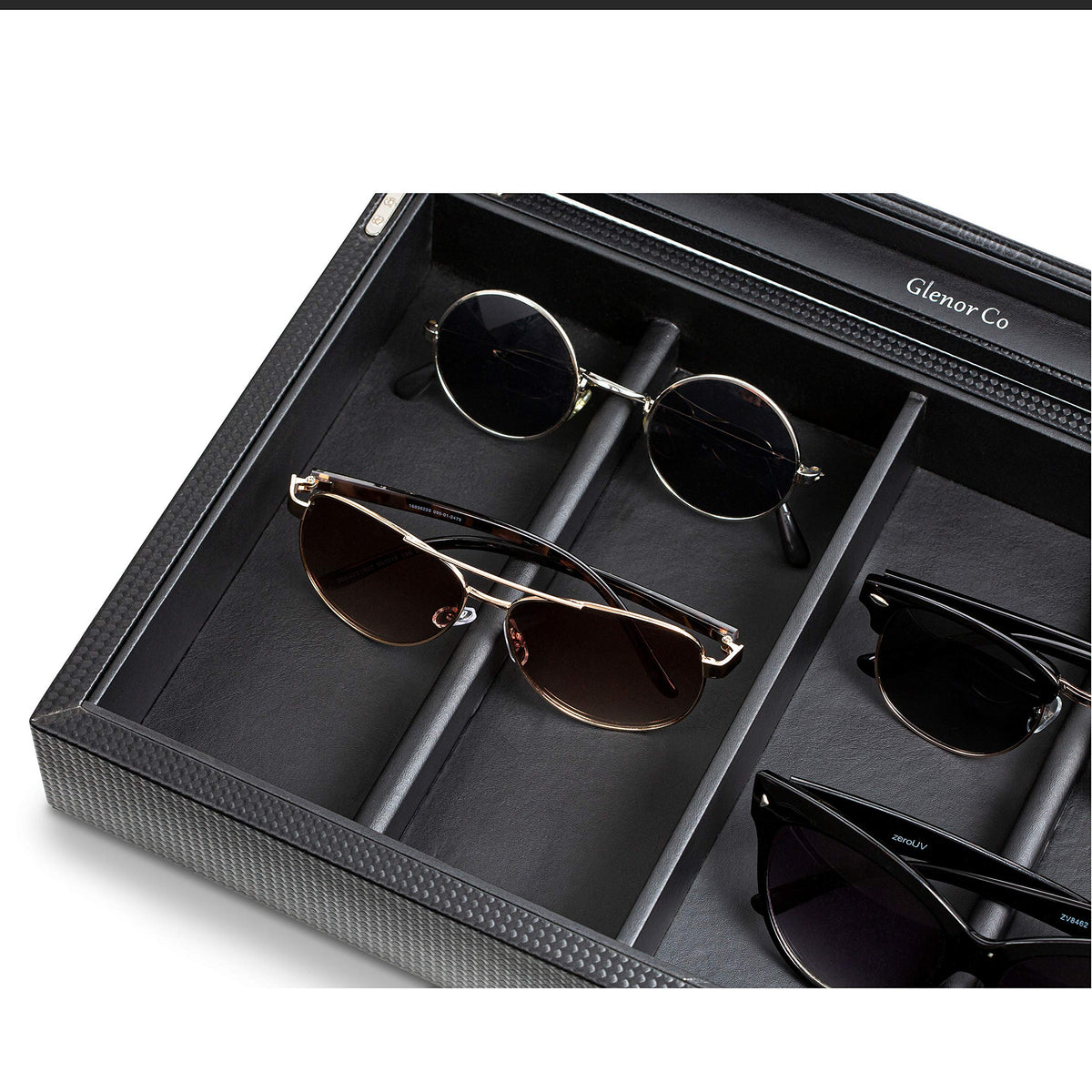 Glenor Co Sunglasses Organizer Case - 8 Slot Storage Holder to display Sunglass/Eye Glasses - Modern Box with Clear Glass Top and Metal Buckle for Men and Women - Carbon Fiber Leather Design - Black