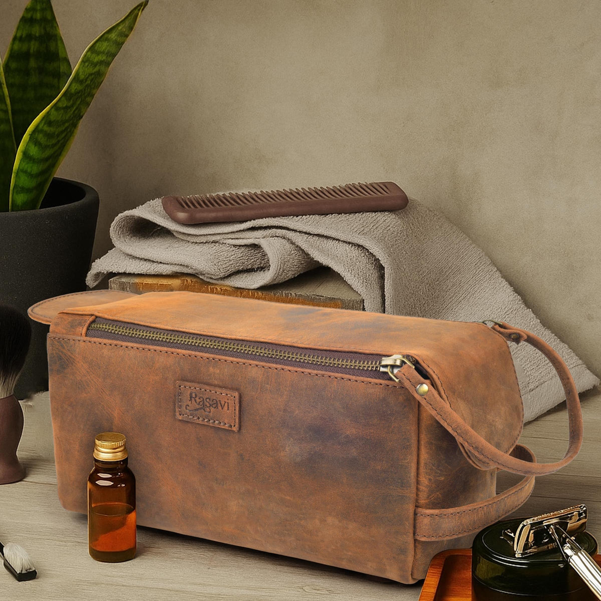 Rasavi Genuine Leather Travel Toiletry Bag for Men & Women, Handcrafted Vintage Dopp Kit, Water-Resistant Shaving & Bathroom Essentials Organizer - Distressed Brown