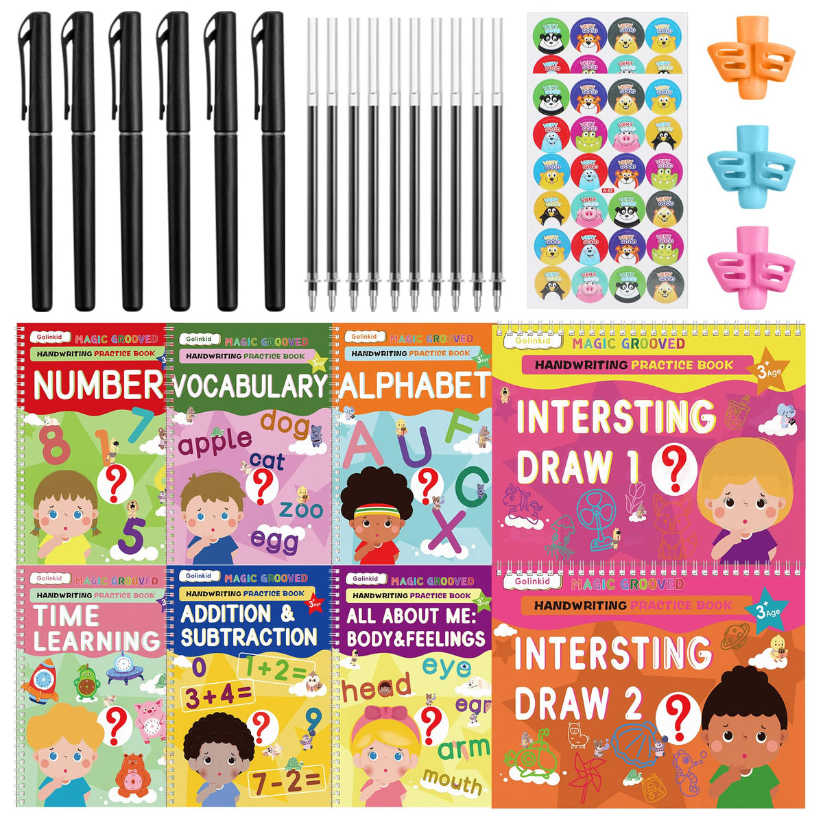 Golinkid Magic Grooved Writing Practice, grooved Handwriting Practice for Kids 8 Books, Preschool workbook for Ages 3-10 with 6 Magic pens 10 Ink Refills, 3 Pencil Grips for Kids Handwriting