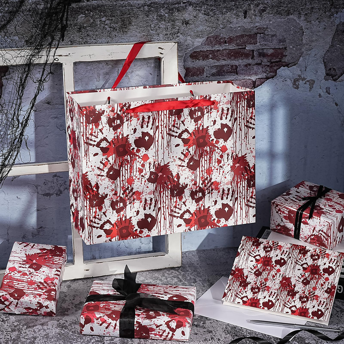 WRAPAHOLIC Bloody Halloween Large Gift Bags with Tissue Paper and Card - 10 x 5 x 13 inch - Spooky Blood Splatter and Handprint Halloween Paper Bags for Holiday, Party Gift Wrap (Pack of 2)