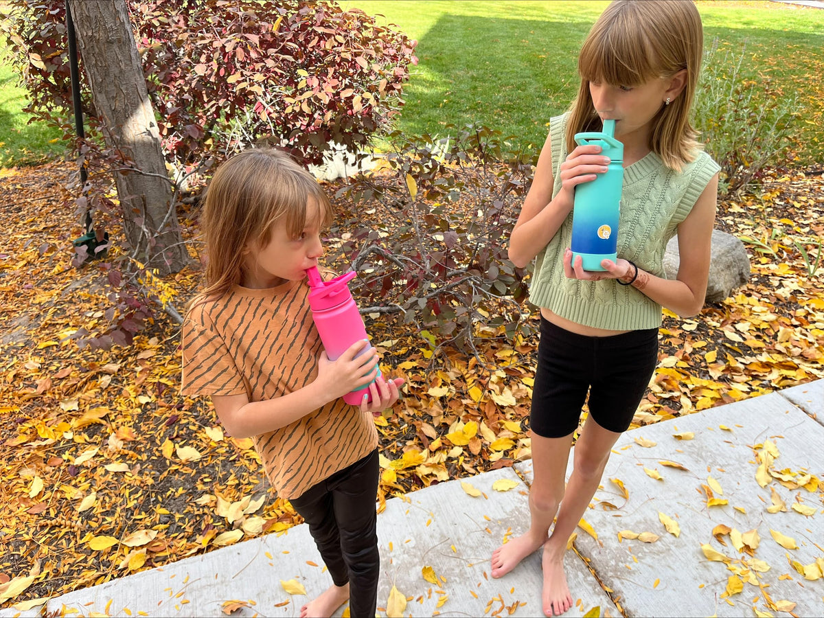 mininoo Kids Water Bottle for School, 16oz Stainless Steel Insulated Water Bottle Kids with Straw Lid for Girls, Boys (Purple/Pink)