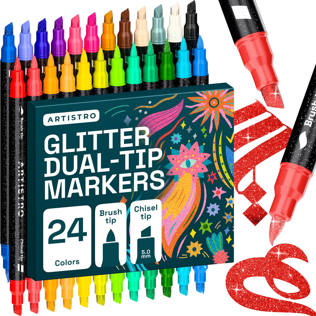 ARTISTRO 24 Sparkly Glitter Dual-Tip Paint Pens – Dazzling Markers with Acrylic Ink for Rock, Ceramic, Wood, Fabric, & More – Brush + Chisel Tips