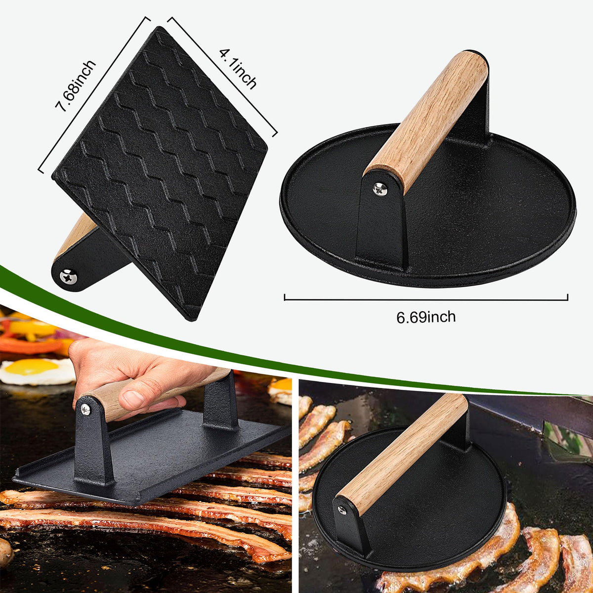 POLIGO Smash Burger Press Kit - 4 in 1 Stuffed Burger Mold, Cast Iron Burger Presses, Sauce Brushes Included - Non Stick Smash Burger Press Set for Grill and Griddle Cooking, Black Round and Rectangle
