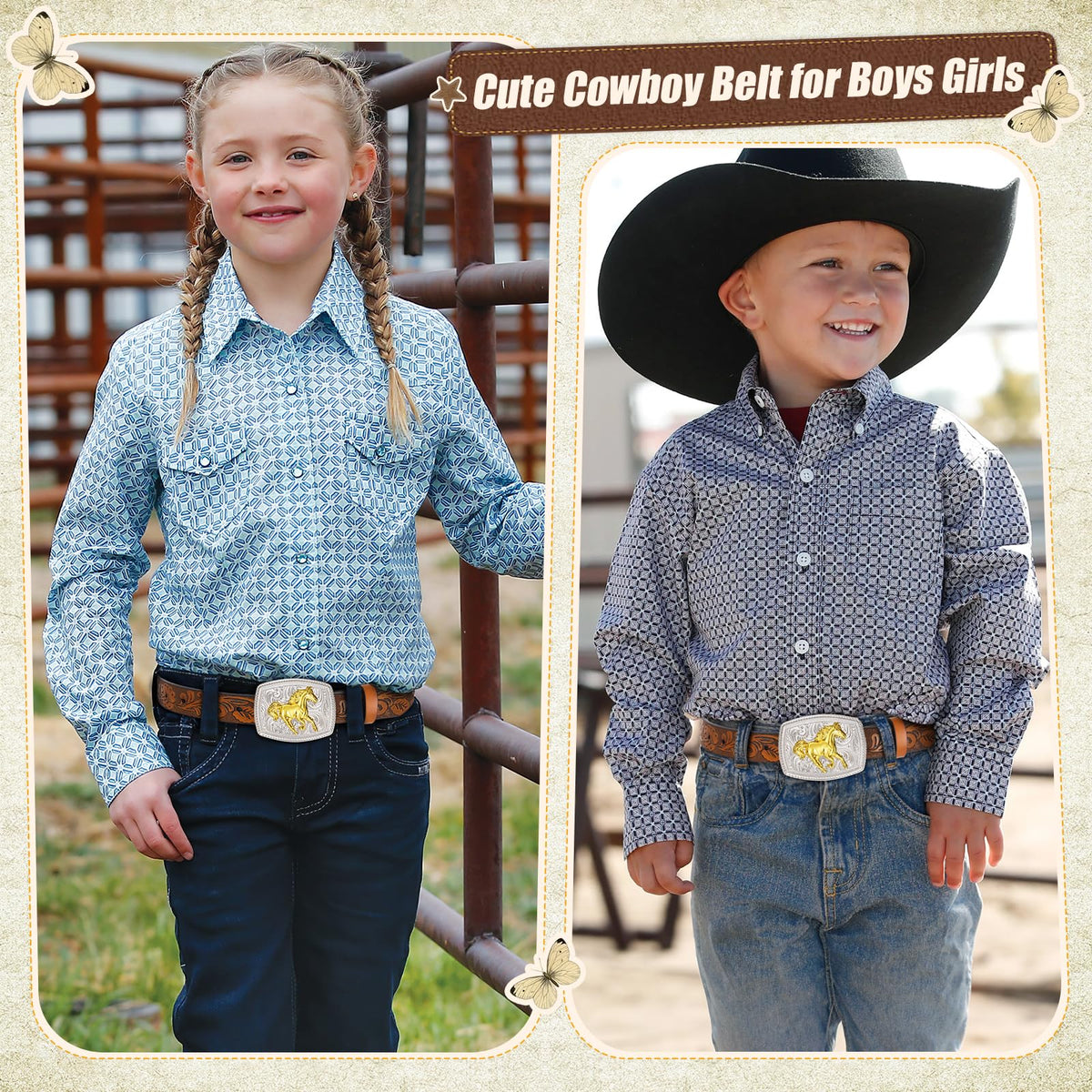 JKEEMI Kids Western Belt, Boys Girls Cowboy Belt for Kids with Detachable Square Buckle and Genuine Leather for Jeans Gifts