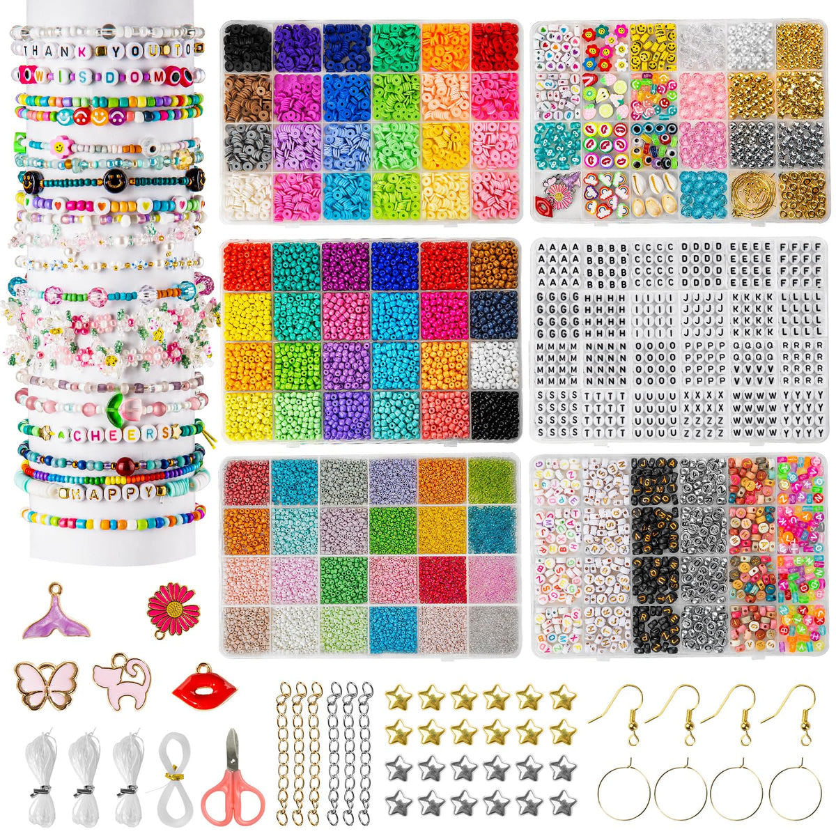 Goldwise Friendship Bracelet Kit, 16000 pcs with Seed Beads (2/3/4mm), Clay Beads, 7 Styles Letter Beads (A-Z), Variety of Charms, DIY Jewelry Making Crafts