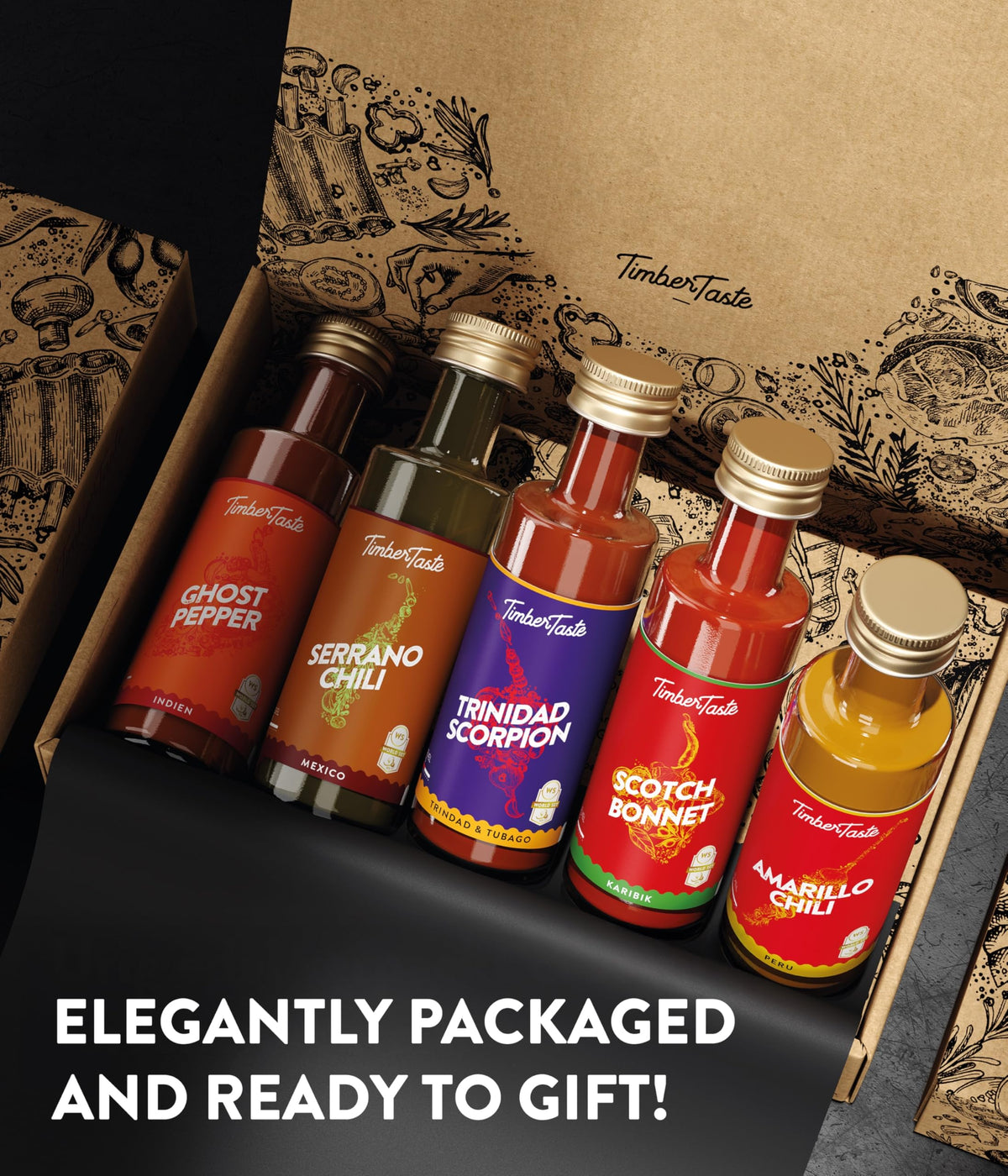 TIMBER TASTE® Exotic BBQ Sauce Gift Set for Men [5x40 ml] - BBQ Sauce Variety Pack with Barbeque Sauce Sampler Blends | Food Gift Sets | Hot Sauce Gift Sets Style Grill Picks for Dad Birthday