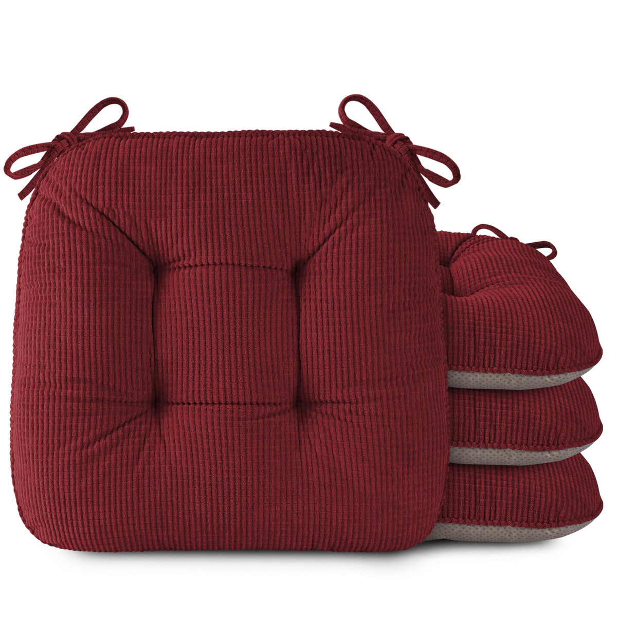 OVOV Chair Cushions for Dining Chairs Set of 4 Non-Slip Kitchen Seat Cushions 18" x 18" x 4" Indoor Seat Pads with Ties Red