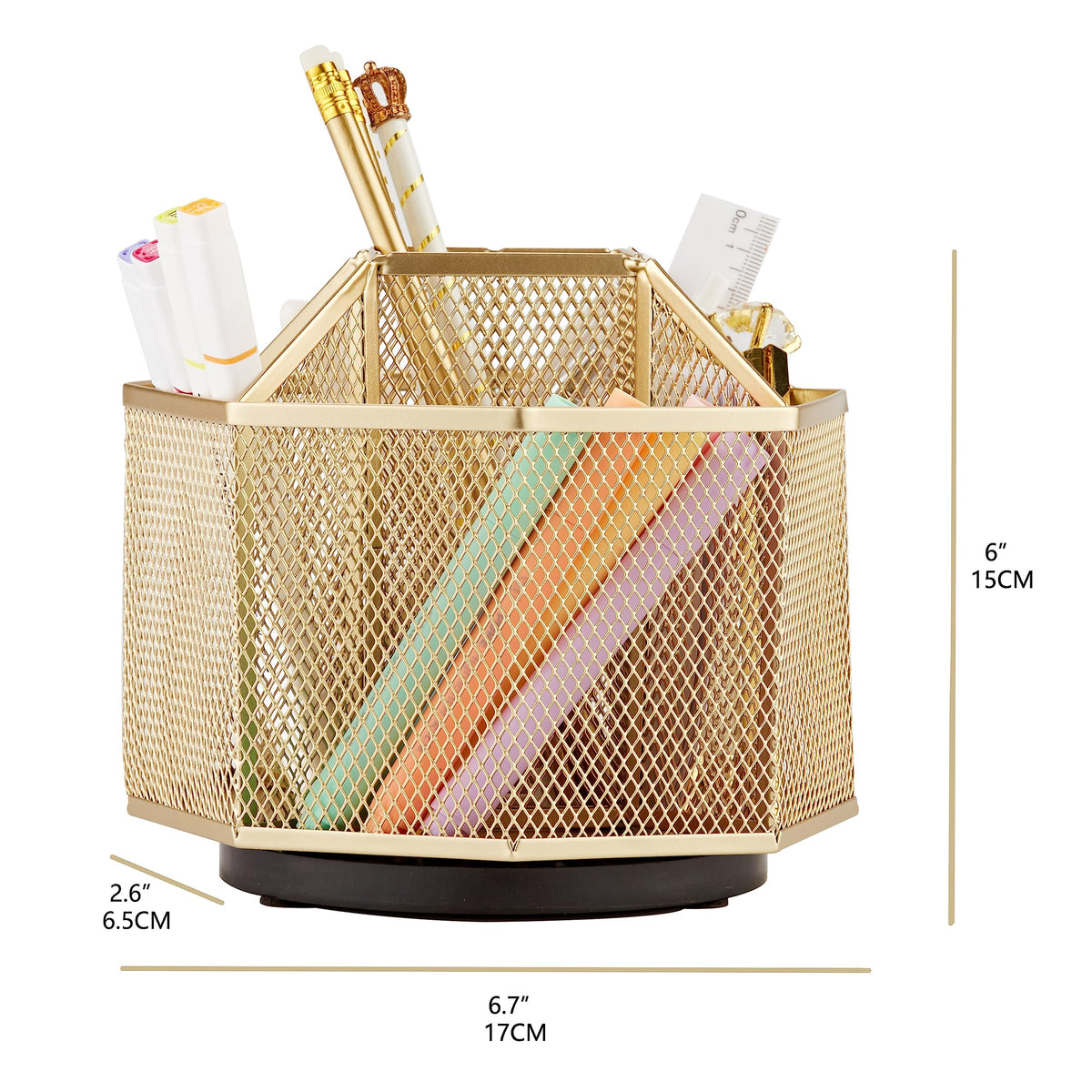 Annova Mesh Desk Organizer Rotate with 5 Compartments Spinning Tidy Candy/Pen Holder Office, Art Supply, Storage, Classroom, Home (Gold)