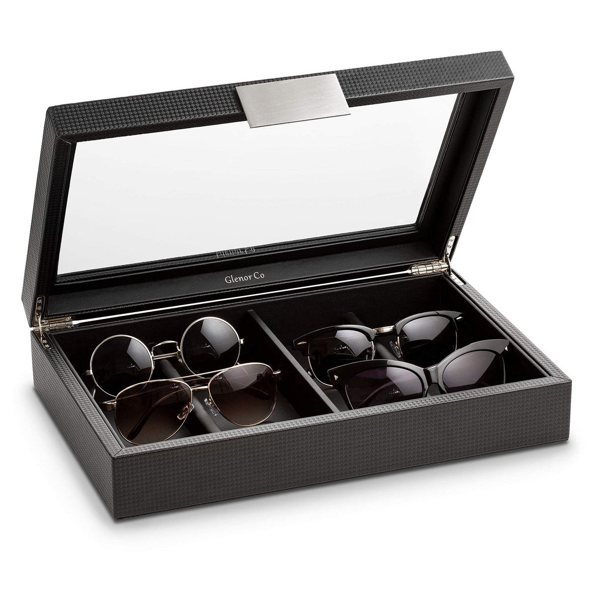 Glenor Co Sunglasses Organizer Case - 8 Slot Storage Holder to display Sunglass/Eye Glasses - Modern Box with Clear Glass Top and Metal Buckle for Men and Women - Carbon Fiber Leather Design - Black
