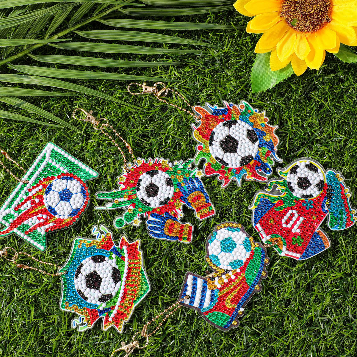 JSRQT 5D DIY Football Diamond Art Painting Keyrings Kit, Double-Sided Diamond Pasted Painting Keychians for Adult Kids, Rhinestone Mosaic Craft Painting Pendant for Handbag Backpack Party Decoration