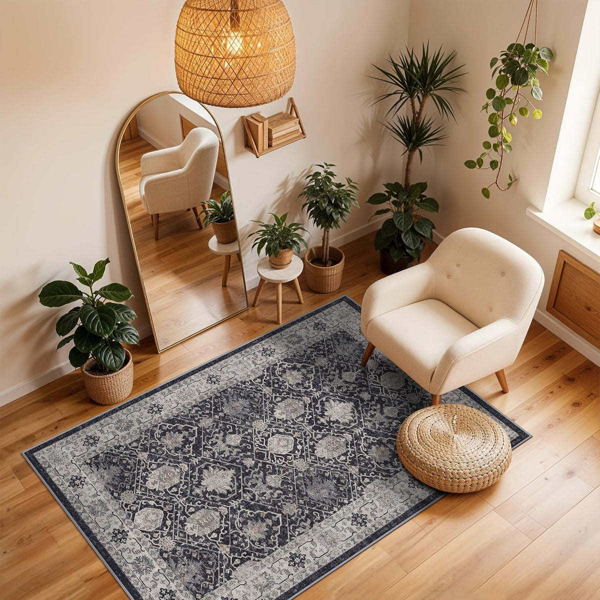Skiennix Washable 3x4 Entryway Area Rug - Ultra Soft Low Pile Anti-Slip Carpet for Indoor Use | Black