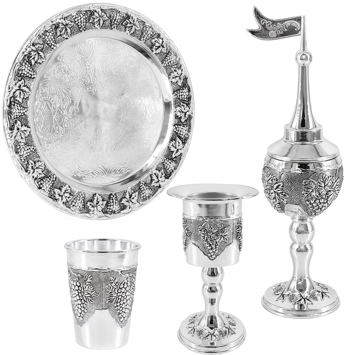 The Dreidel Company Havdalah Set, Grape Theme Wine Goblet, with Candle and Spice Incense Holders, Silver Plated