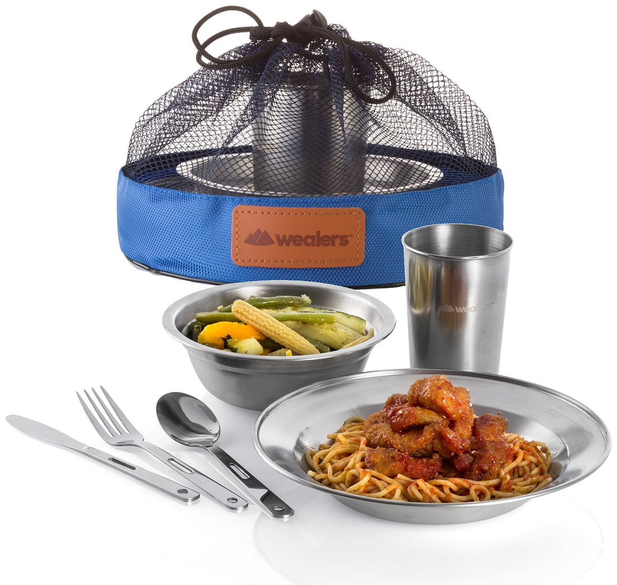 Wealers Unique Complete Messware Kit Polished Stainless Steel Dishes Set| Tableware| Dinnerware| Camping| Buffet| Includes - Cups | Plates| Bowls| Cutlery| Comes in Mesh Bags (2 Person Set Blue)