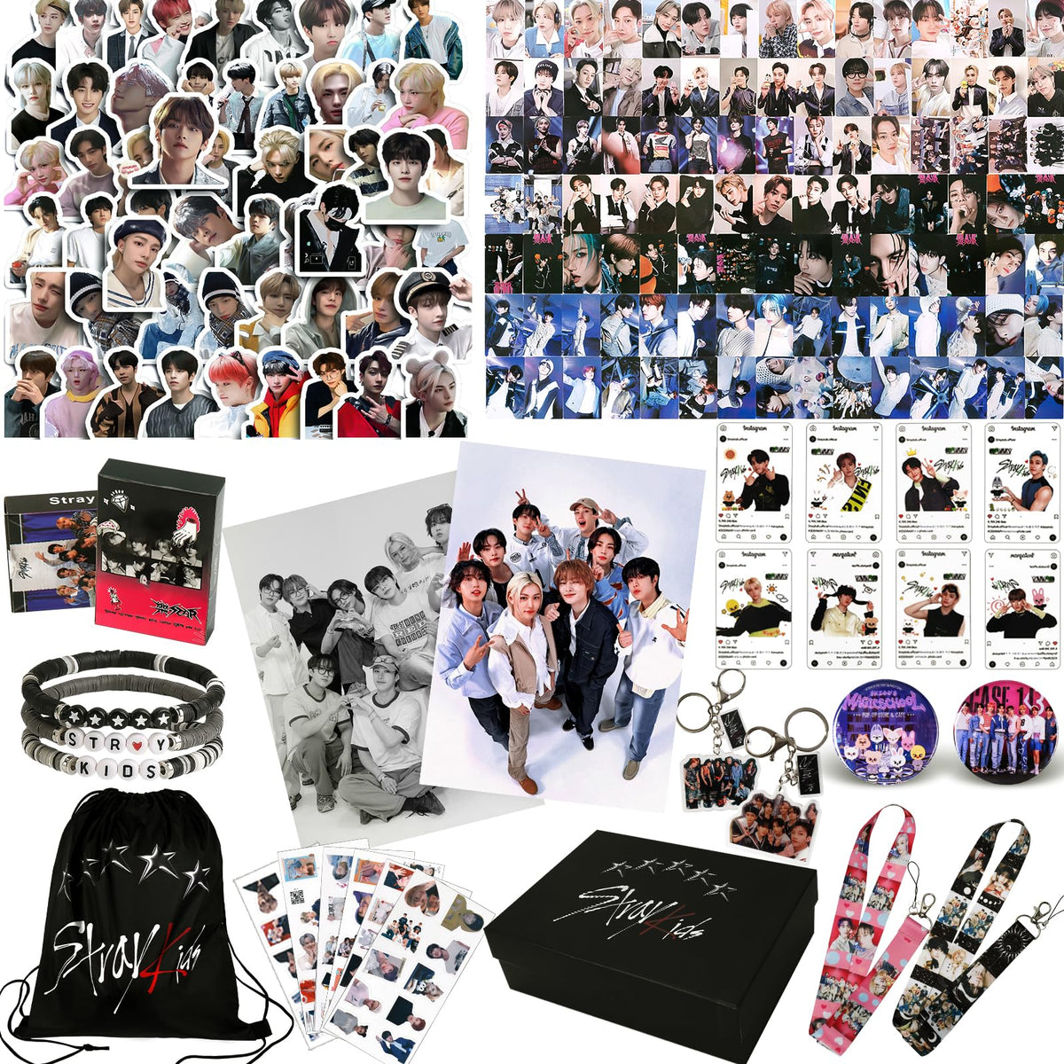 Stray Kids Gifts Set, Including 110 Photocards, 180 Stickers, 1 Drawstring Bag Backpack, 24 Lomo Cards, 3 Design Bracelet, 2 Adhesive Posters, 2 Lanyards, 2 Pins and Keychain SKZ's Fans Merchandise