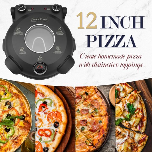 Baker’s Friend Electric Pizza Oven Indoor Countertop, 12 Inch Pizza Maker Machine for Home, Pizza Cooker & Pizza Grill, Premium Glazed Ceramic Stone Pizza Oven, Graphite Gray