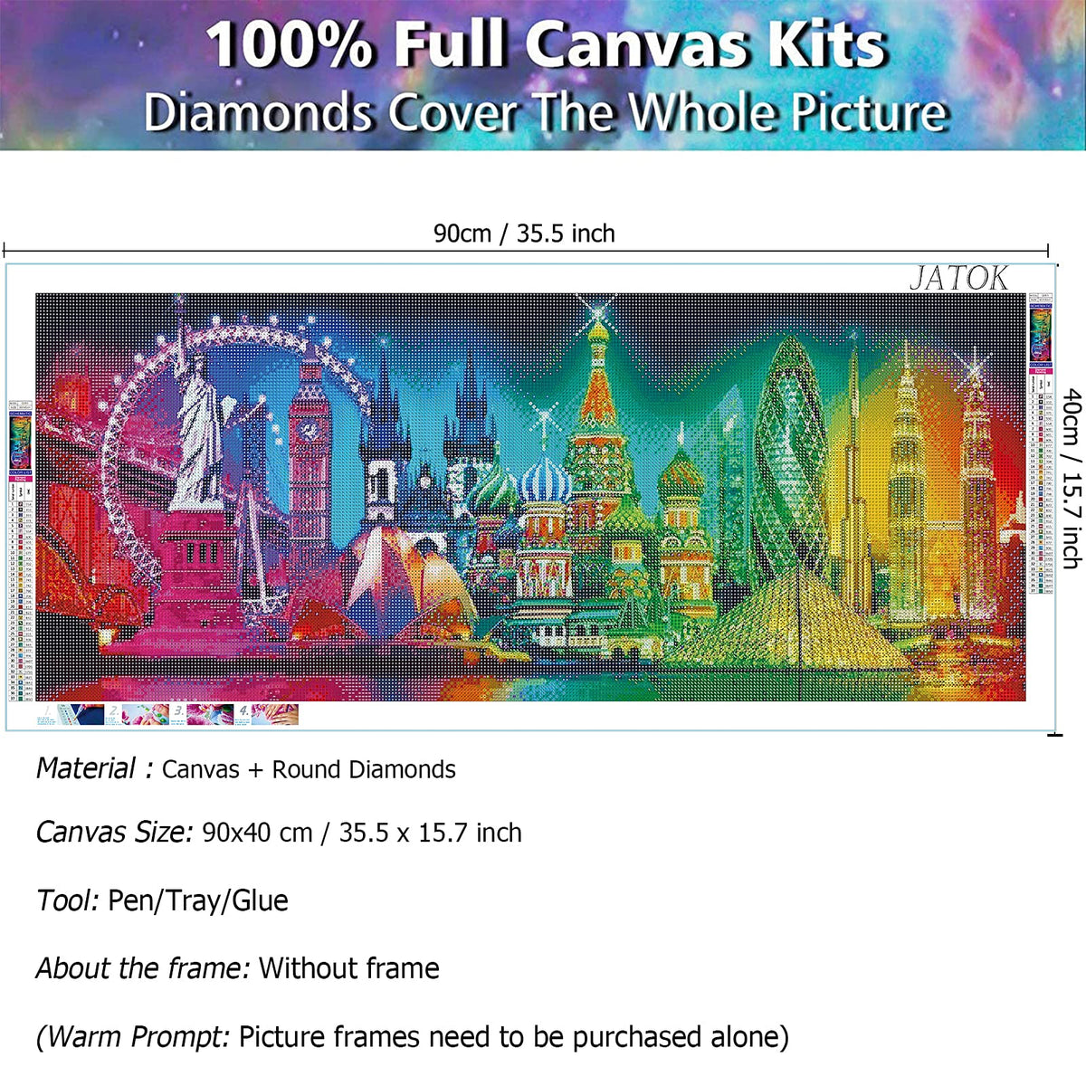 JATOK 5D Diamond Painting Kits for Adults (35.5x15.7in) DIY Large City Night Landscape Full Round Drill Embroidery Pictures Arts Paint by Number Kits Diamond Painting Kits for Home Wall Decor