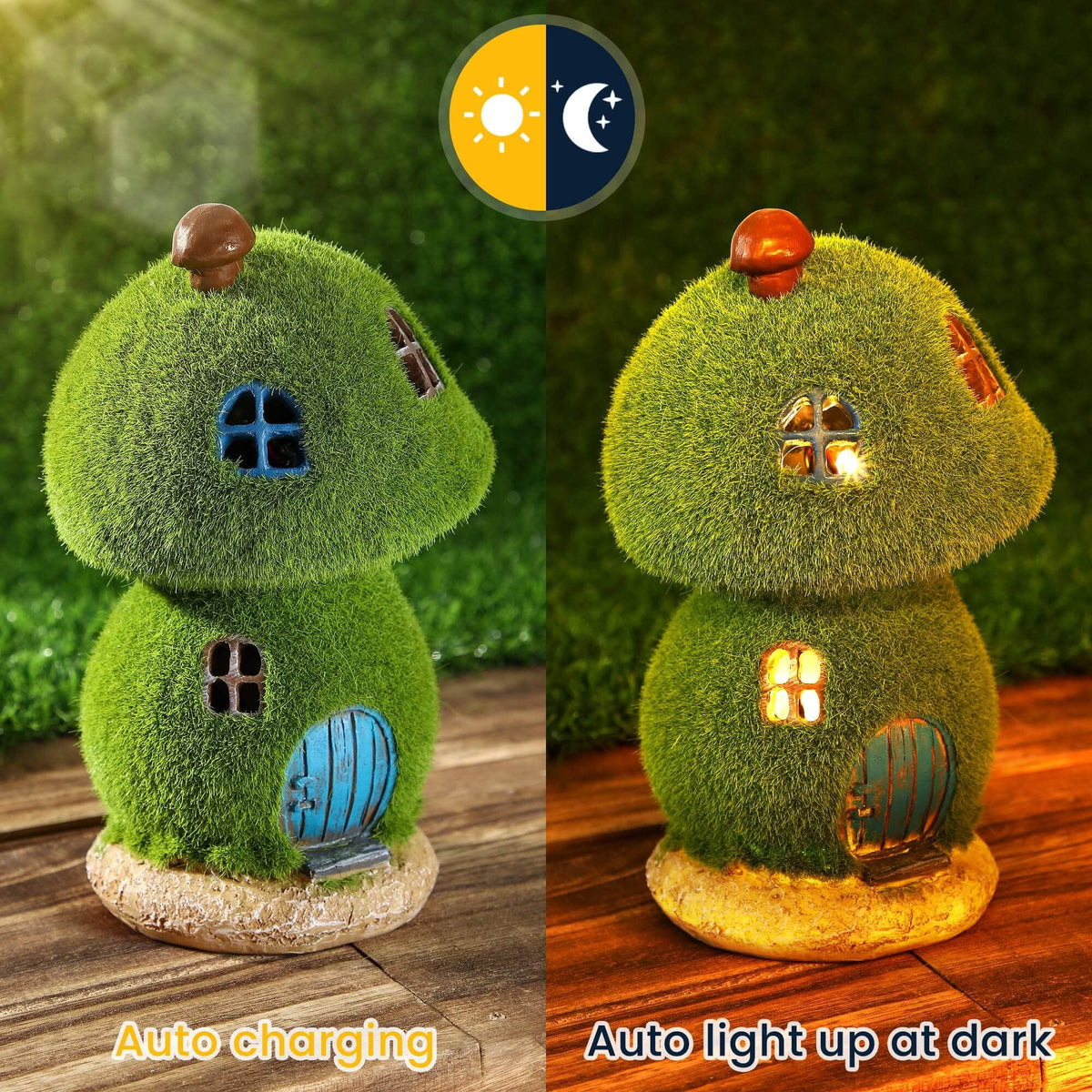 Darkdec Mushroom Fairy House Decor - Figurine Lights Outdoor Solar Fairy Garden House for Patio Lawn Yard Ornaments, Housewarming Gift 7.4 inch