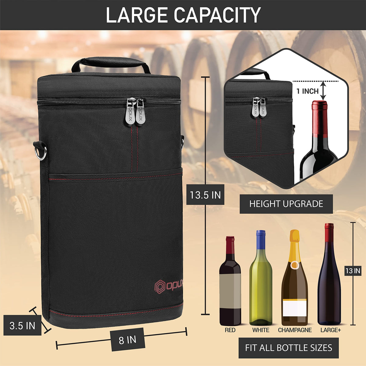 opux 2 Bottle Wine Carrier Tote, Insulated Leakproof Wine Cooler Bag, Wine Travel Bag Tote for Picnic BYOB Beach, Portable Wine Bottle Carrying Case, Gift for Wine Lover Women Men Christmas, Black