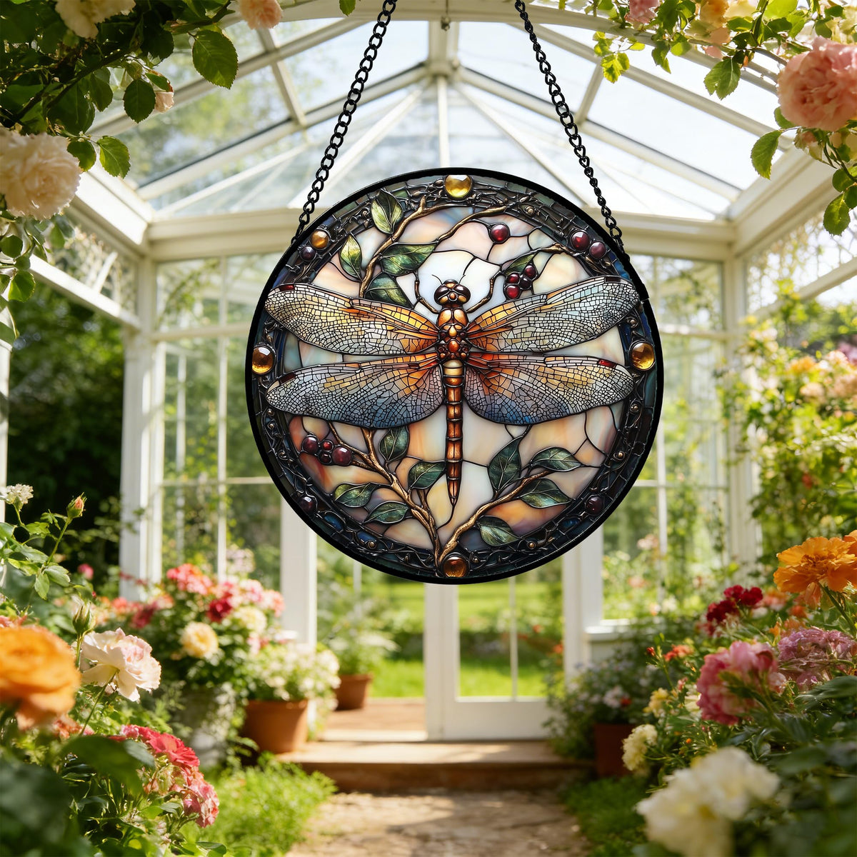 DASTOLL Stained Glass Window Hanging - Dragonfly Plant Suncatcher Ready to Hang Window Doors Home Decoration, Christmas, Mother's Day Birthday Gifts for Women, Men, and Mom 7.8x7.8 in