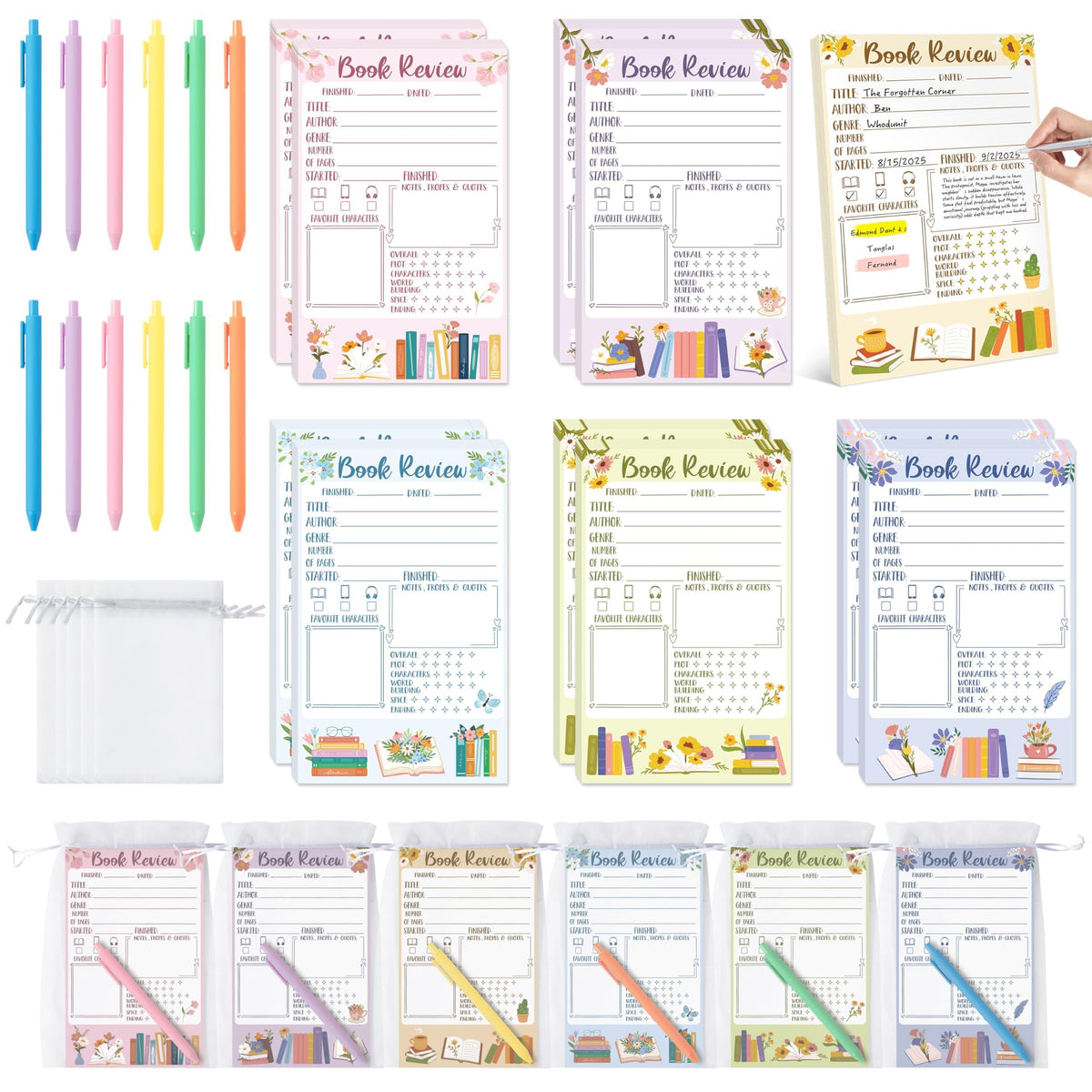 L1rabe Flower Book Review Notepad Set - Back to School Gift 12 Reading Journal Tracking Notepads 12 Pens 12 Organza Bags for Book Lovers Readers Bookish Bookworm Gift, Reading Log for Students Women