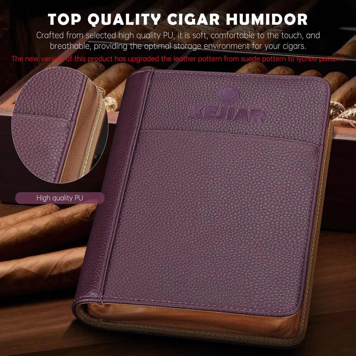 KEJIAR Travel Cigar Humidor Set, Humidor Cigar Box with V Cutter, Straight Cutter, Hole Puncher, Two-Way Humidity Control Packs, Leather Holder Case with Cigar Accessories Kit (Purple)