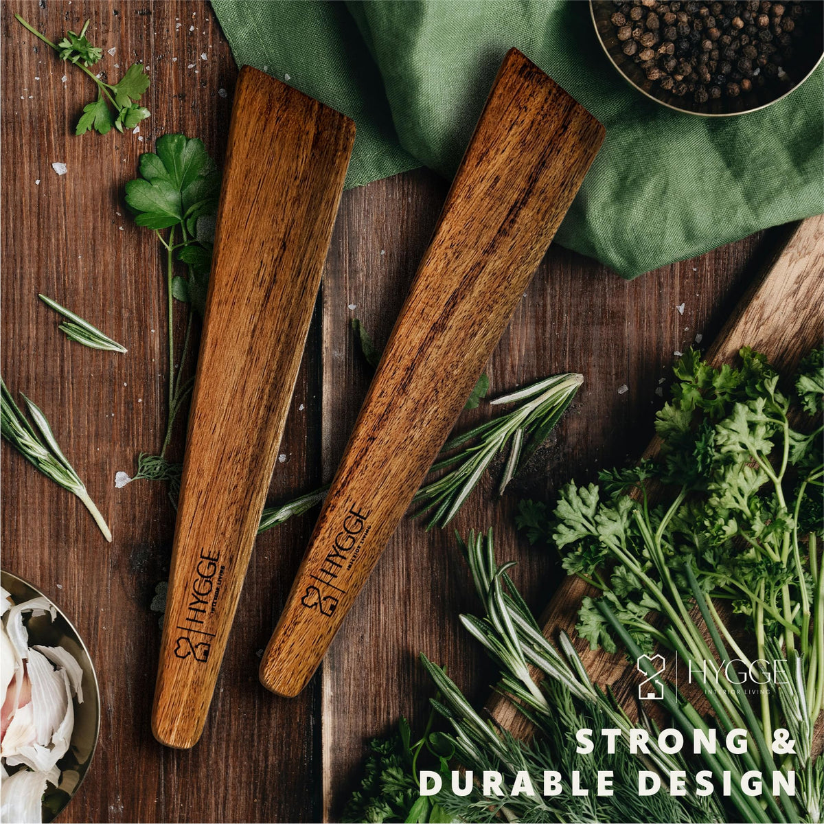 HYGGE INTERIOR LIVING Heirloom Acacia Wood Spatula Set - Professional Flat Turner for Cast Iron & Non-Stick, 12 inch Hand-Sanded Premium Hardwood, Designer Gift Box for Modern Kitchens - Set of 2