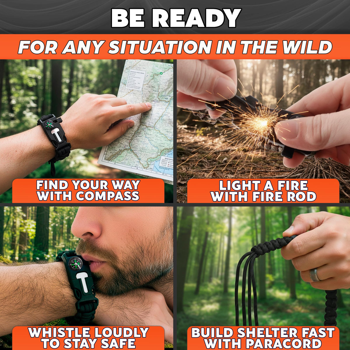 Paracord Bracelets for Men and Women – Adjustable Survival Paracord Bracelet with 11.8 ft Nylon Cord, Flint Fire Starter, Compass, Whistle & Scraper – Camping, Hiking, Fishing Gear (Black & Khaki)