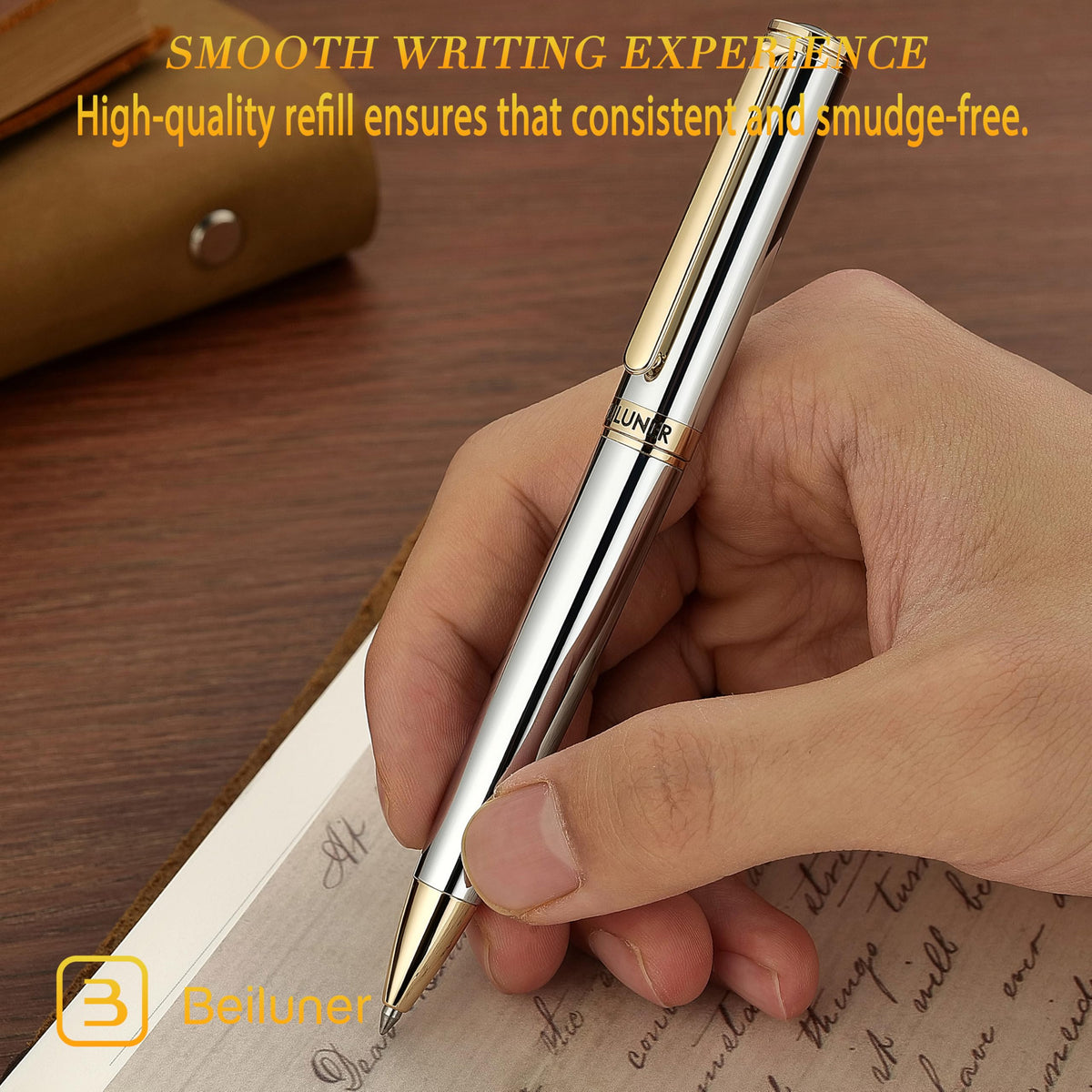 BEILUNER Silver Gold Gel Pen - Luxury Featuring sophisticated chrome finishes, with 24K Gold Accents, Best Pen Gift Set for Men & Women, Business Signature, Executive, Office Retractable Pens