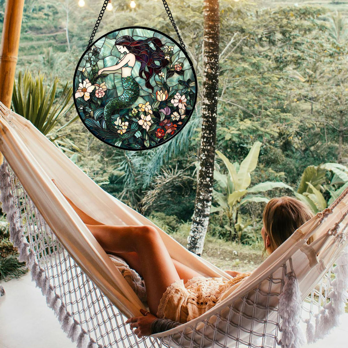 JOSUMALY Stained Glass Window Hanging - Teal Sleeping Mermaid Suncatcher for Door Terrace Garden Home Decor, Sea of Flowers Sun Catcher Birthday Gifts for Lovers Women Men Dad Mom Nana 7.8 in