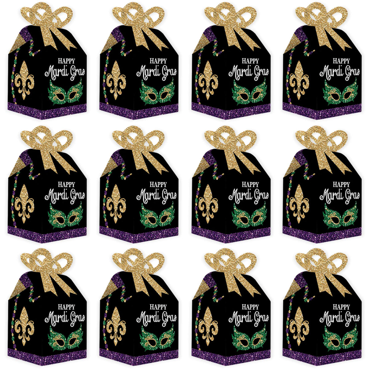 Big Dot of Happiness Mardi Gras - Square Favor Gift Boxes - Masquerade Party Bow Boxes - Set of 12