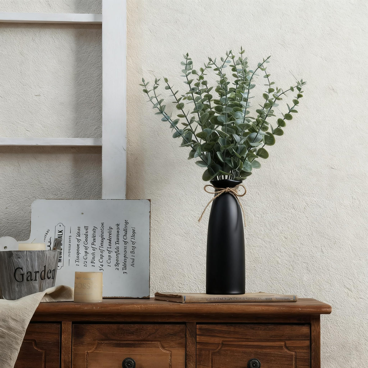 Shanranplus Vase with Greenery, 20pcs Artificial Eucalyptus Stems in Black Vase, Fake Plant Home Decor, 19" Decorative Faux Plants for Home Farmhouse Mantle Centerpiece Decor