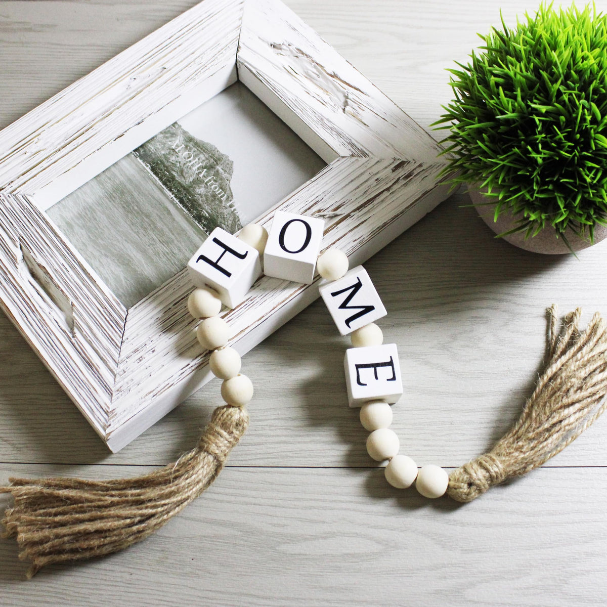 Home Letter Block Wood Bead with Tassels Farmhouse Home Decor, Boho Wooden Beads Modern Style Decoration New Home Housewarming Gifts for Living Room Tabletop Tiered Tray Mantel Shelf, 20''