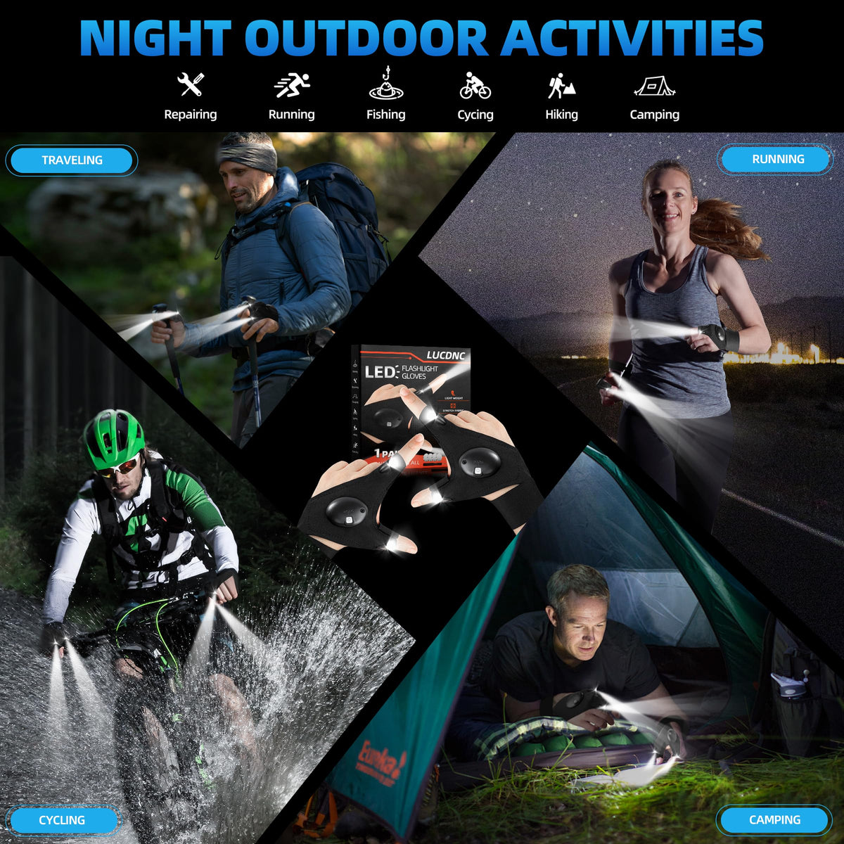lucdnc Gifts for Men Stocking Stuffers for Adults LED Flashlight Gloves Cool Gadgets Tools Outdoor Hands Free Flashlights for Fishing Repairing Camping Unique Men Birthday Christmas Gifts