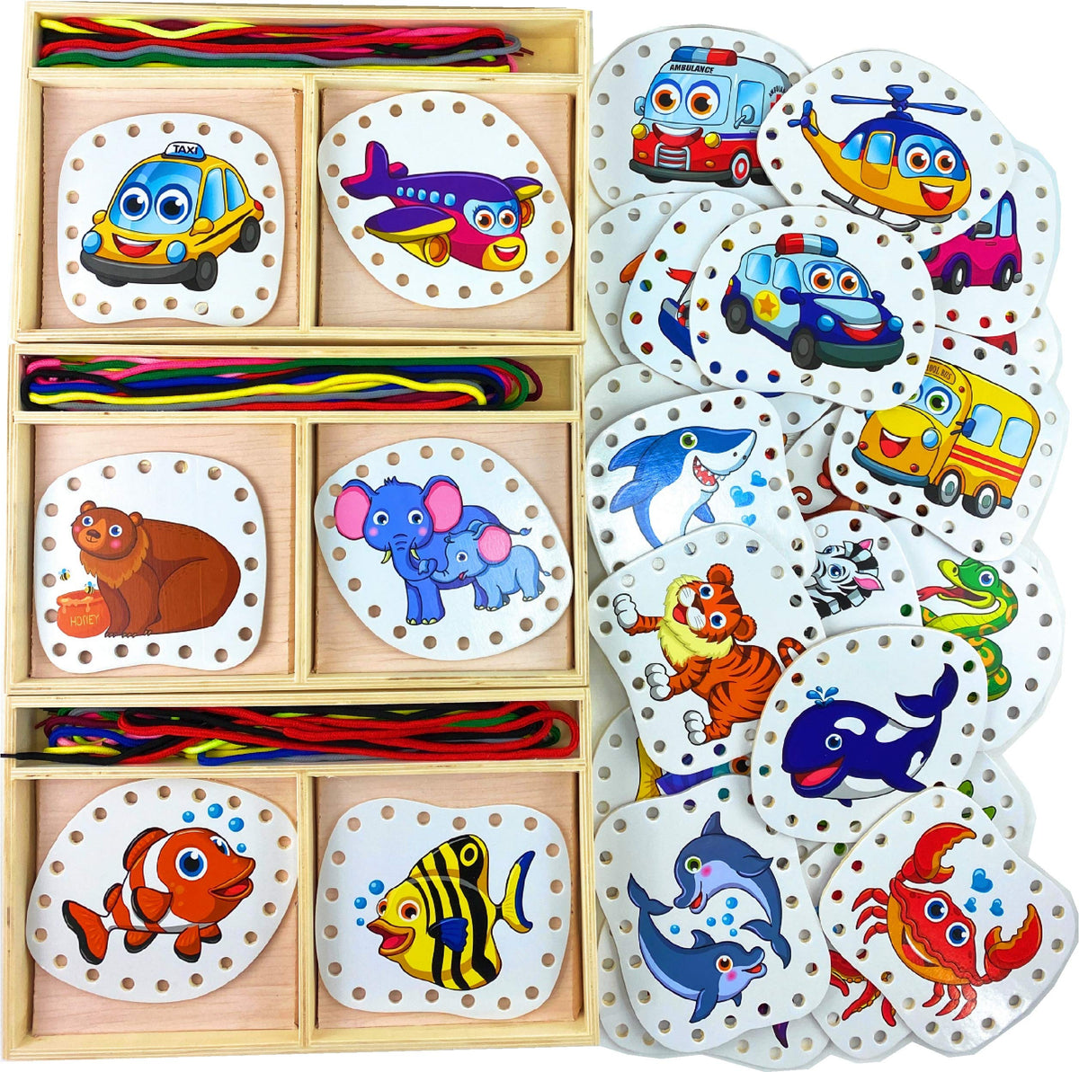 Matty's Toy Stop Deluxe Lacing Shapes (10 Count) Vehicles, Fish & Jungle Animals Educational Gift Set Bundle - 3 Pack (30 Shapes Total)