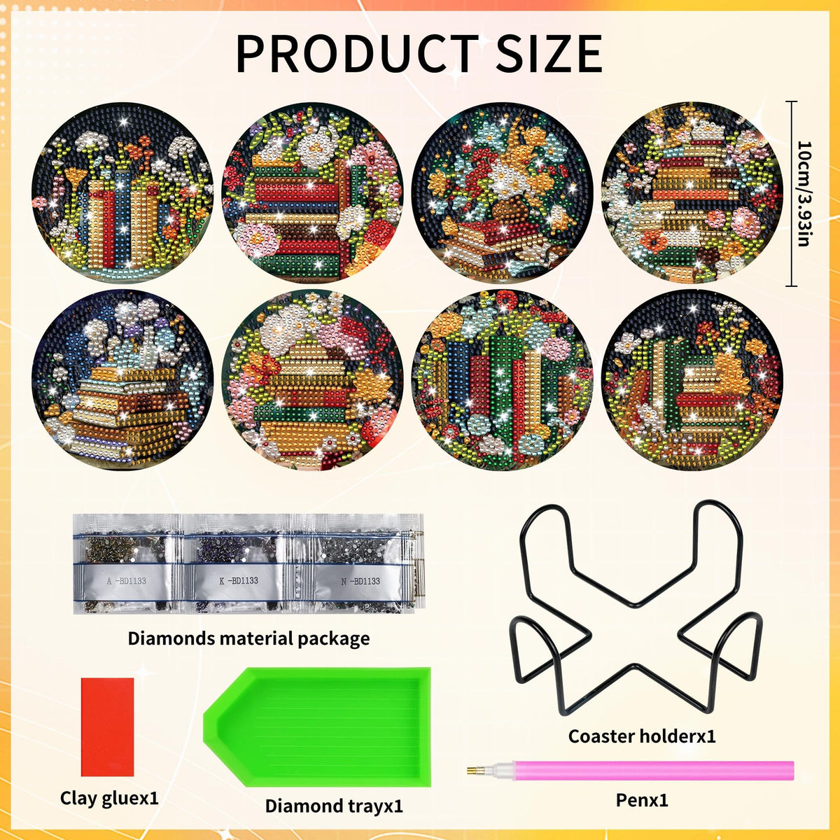 8 Pcs Book Diamond Art Coasters Kit with Holder and Cork Pads, Floral DIY Diamond Painting Coaster Kit for Adults Beginners, Round 4 Inch Drink Coasters Craft Set for Home Decor