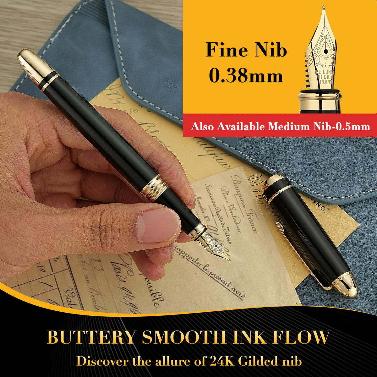 BEILUNER 315 Black Fountain Pen,Stunning Luxury Pens with 24K Gold Accents, Gorgeous 24K Gilded Nib(Fine), Ink Converter,Fancy Pen Gift for Men&Women-Elegant, Office, Graduation, Nice Design
