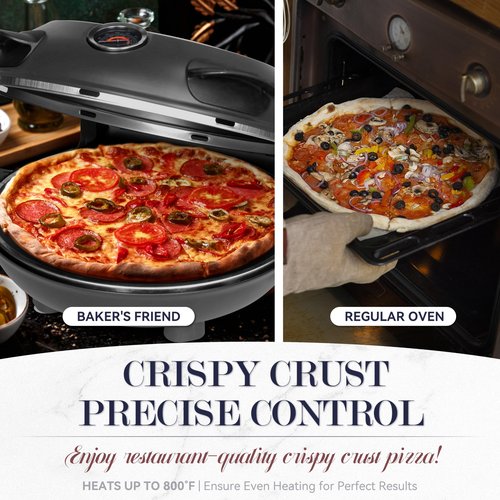Baker’s Friend Electric Pizza Oven Indoor Countertop, 12 Inch Pizza Maker Machine for Home, Pizza Cooker & Pizza Grill, Premium Glazed Ceramic Stone Pizza Oven, Graphite Gray