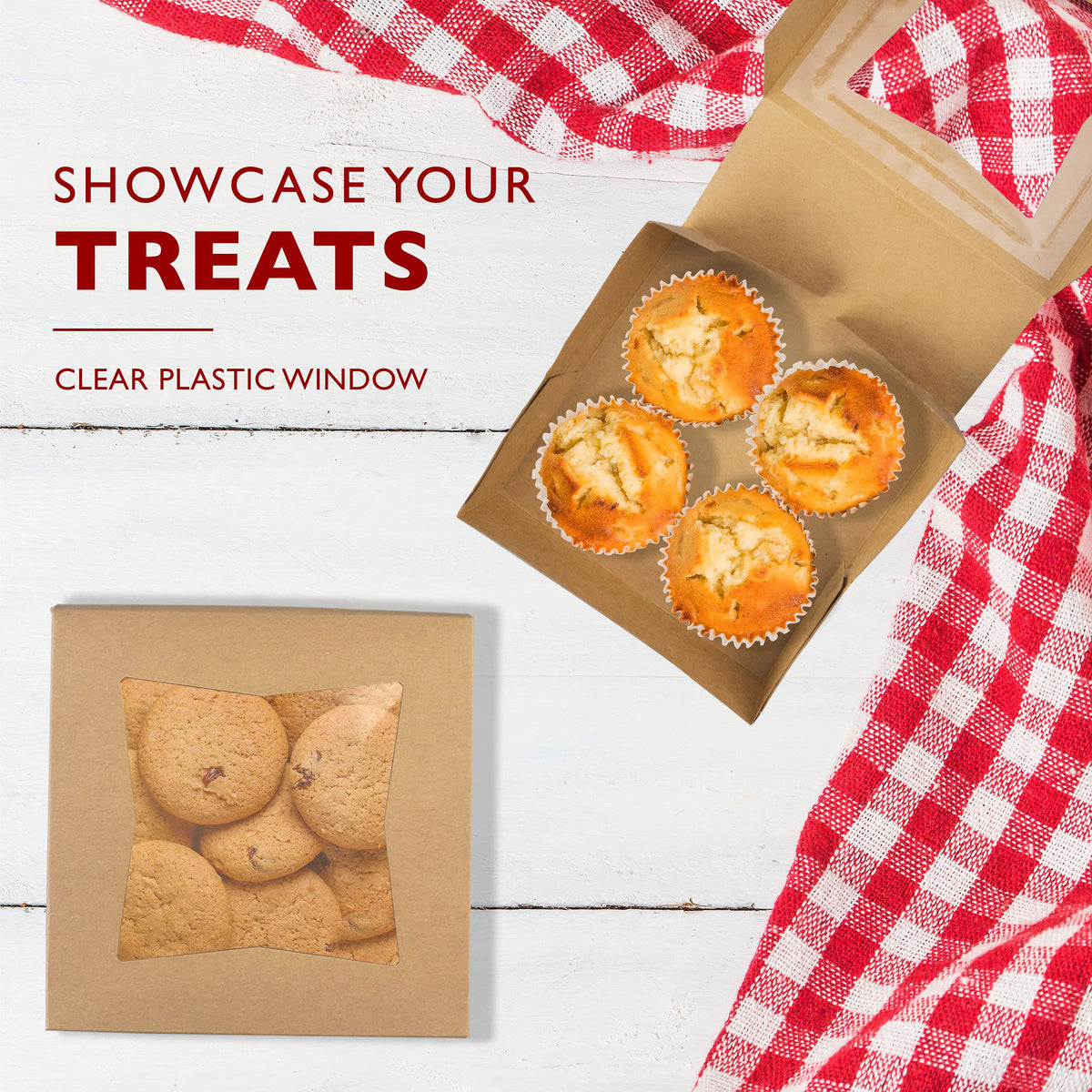 Fit Meal Prep 25 Pack Bakery Boxes with Window 6x6x3 Kraft Cake Box Cardboard Bakery Packaging for Cupcake, Cookies and Pastry, Treat Box Pie Box for Valentine's Day, Christmas