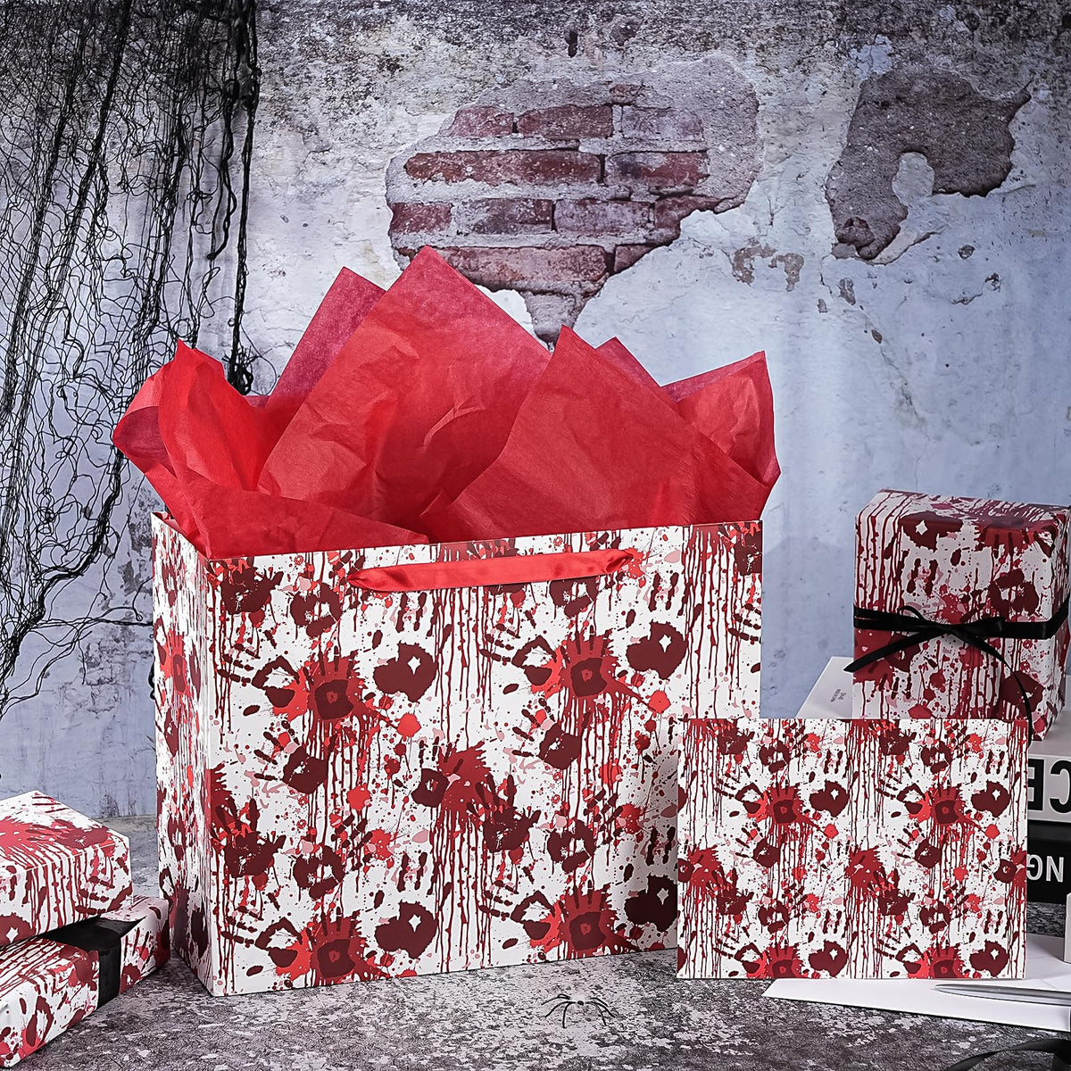 WRAPAHOLIC Bloody Halloween Large Gift Bags with Tissue Paper and Card - 10 x 5 x 13 inch - Spooky Blood Splatter and Handprint Halloween Paper Bags for Holiday, Party Gift Wrap (Pack of 2)