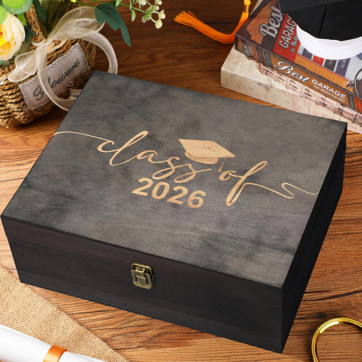 Geelin Graduation Keepsake Wooden Box Class of 2026 Graduation Cap Large Keepsake Box Graduate Wooden Engraving Memento Case for High School College Memory Gifts 13 x 10.5X 5inch(Black)