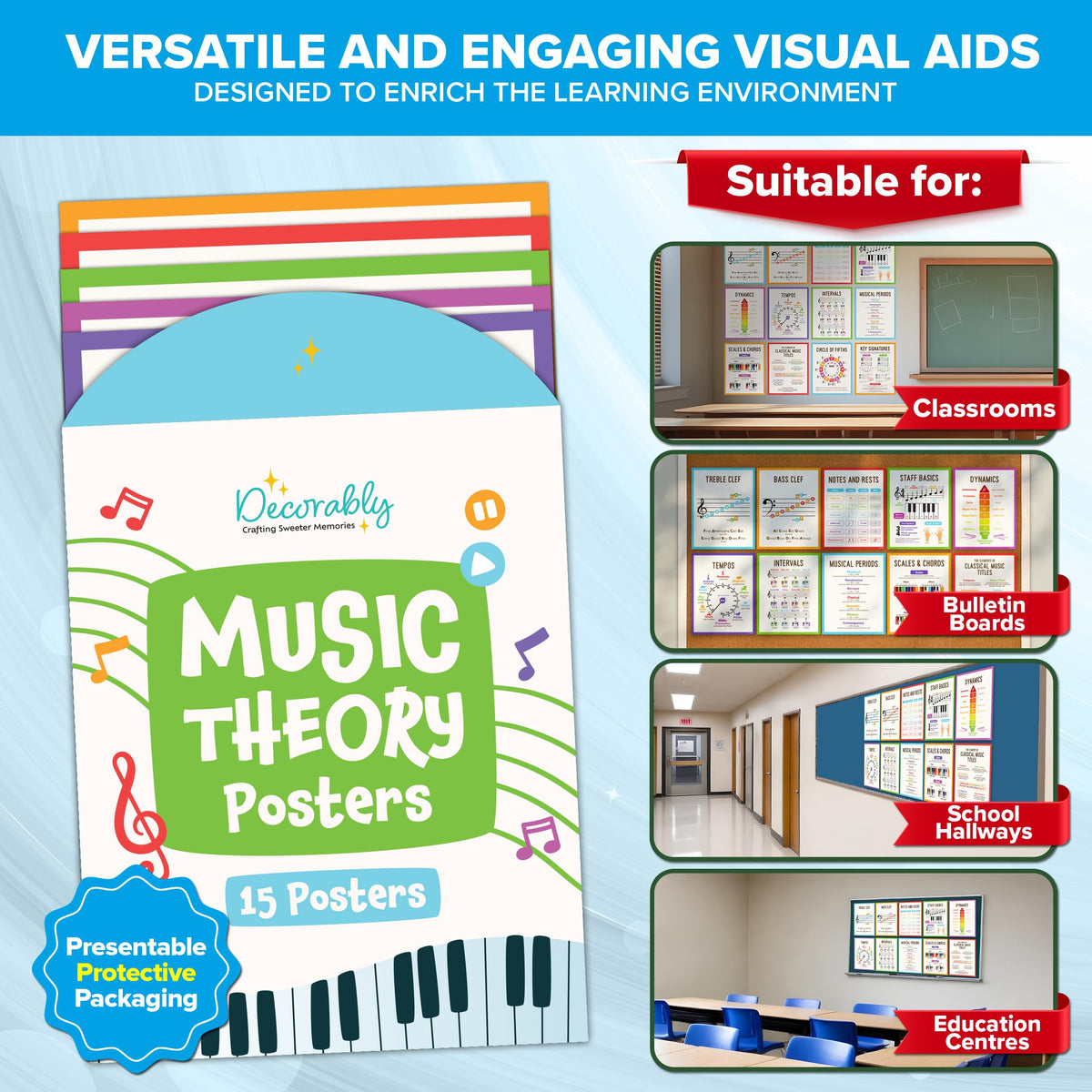 Decorably 15 Music Theory Posters for Classroom, 11x14in Educational, Matte-Laminated for Studio, Learning Spaces, School Hallways, Bulletin Boards, Home Study Room