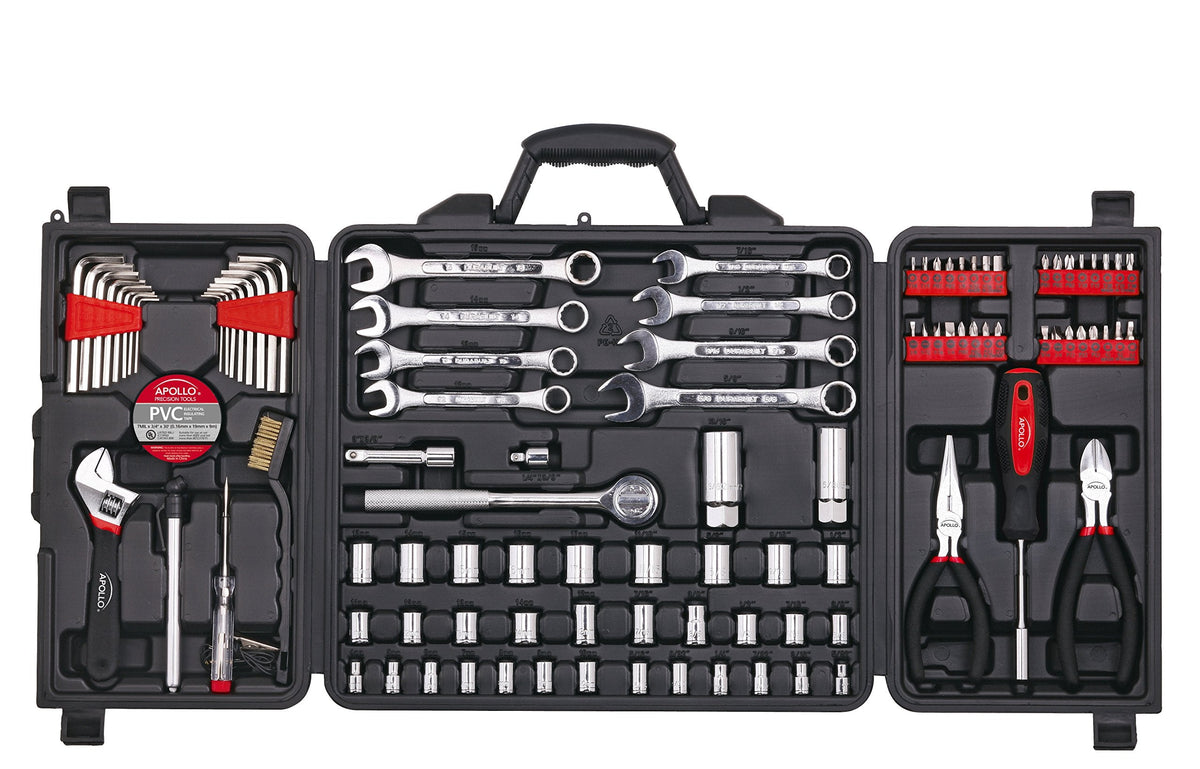 Apollo Tools 101 Piece Mechanic Tool Set for Roadside Emergencies. SAE and Metric for Mechanical Repairs for Boating, RV, Bikes, in Compact Carrying Case - Red - DT0006