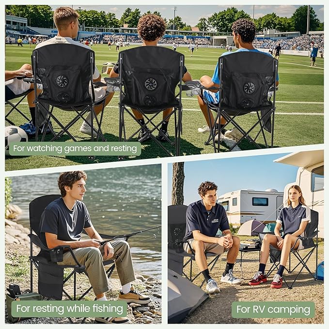 2 Pack Camping Chairs with Fan, Lightweight Camp Chair 300LBS Portable Foldable Chairs for Adults & Teens, Compact with Carry Bag for Camping, Beach, Picnics, Outdoor