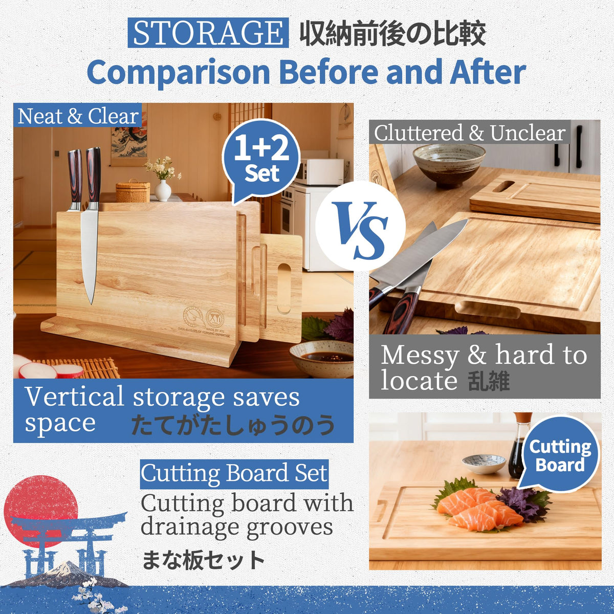 XYJ Authentic Since 1986, Magnetic Knife Block with Cutting Boards, Natural Wood, Countertop Knife Organizer, Space-Saving Knives & Prep Board Set, Kitchen Storage Solution without Knives