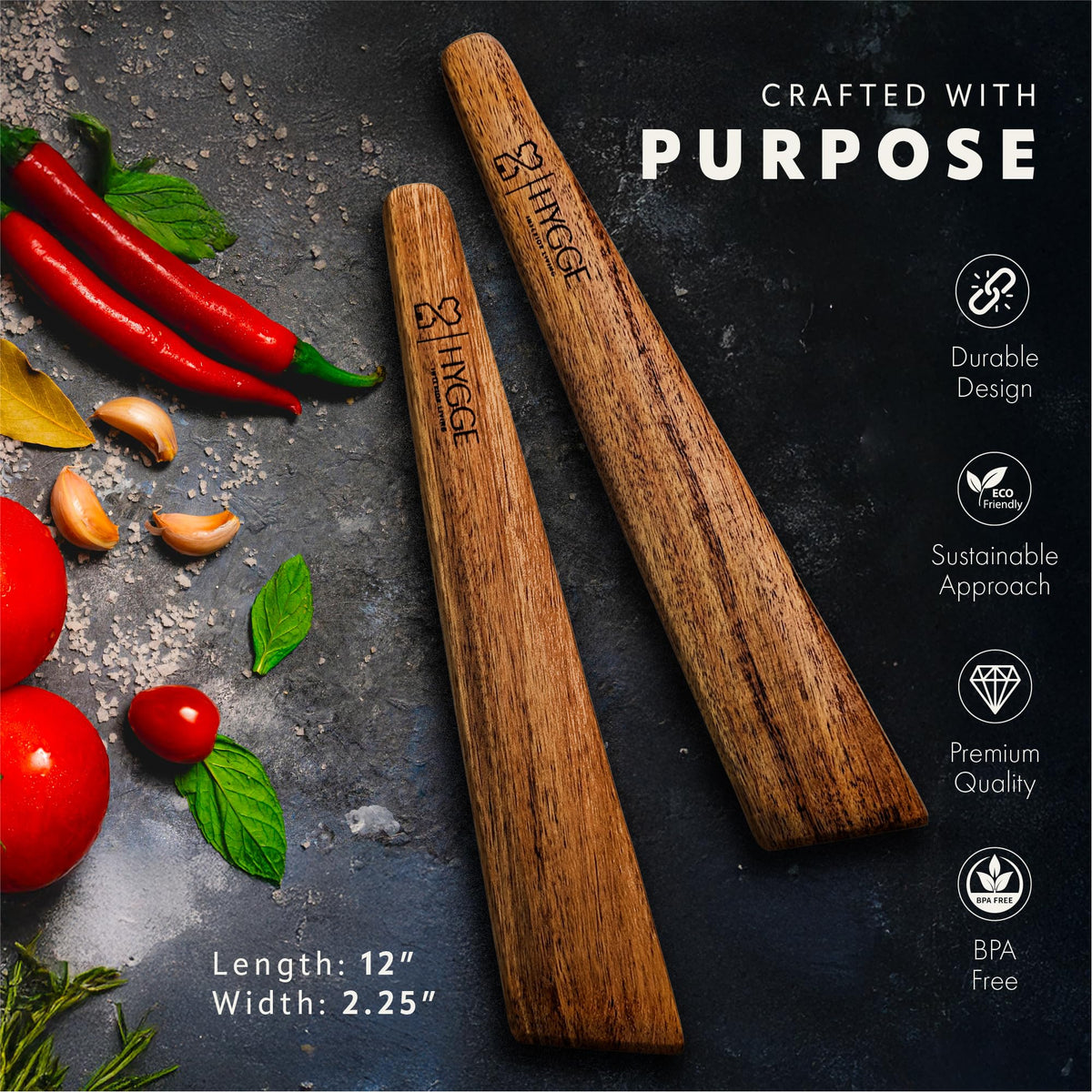 HYGGE INTERIOR LIVING Heirloom Acacia Wood Spatula Set - Professional Flat Turner for Cast Iron & Non-Stick, 12 inch Hand-Sanded Premium Hardwood, Designer Gift Box for Modern Kitchens - Set of 2