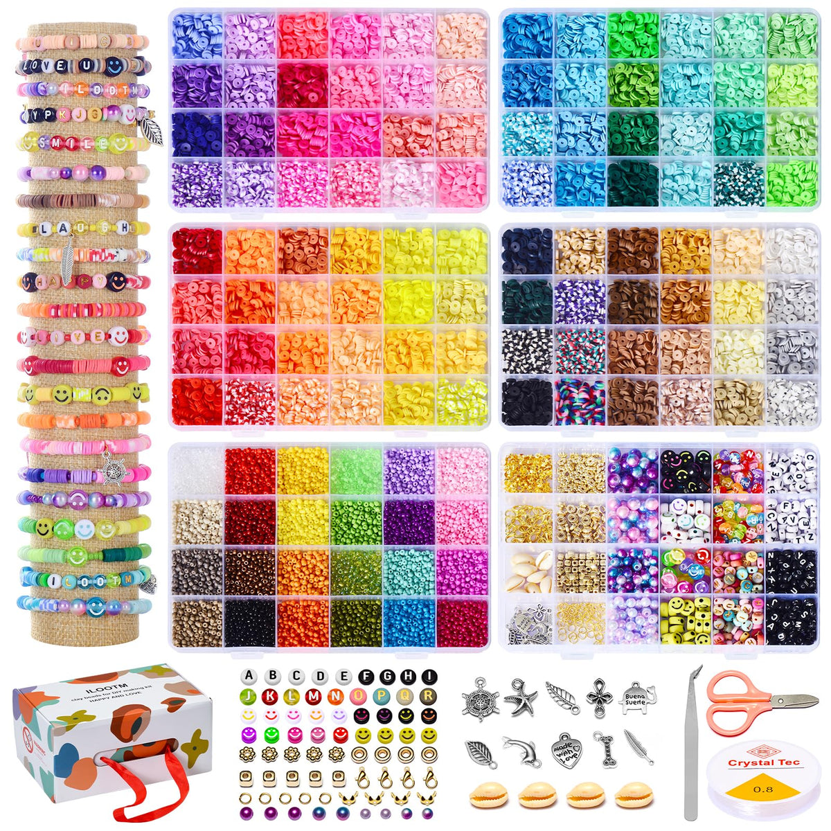Ilootm Friendship Bracelet Kit, 16800pcs, 96 Colors Polymer Clay Beads & 24 Colors Glass Seed Beads, 400 Letters Beads，Bracelet Making Kit for DIY Jewelry Making&Friendship Bracelet Making