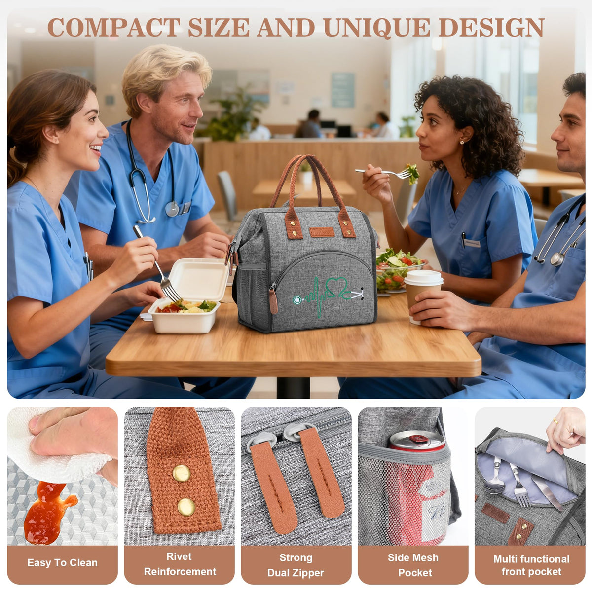 Srotek Nurse Gifts for Women - Embroidered Nurse Lunch Bag for Work, Large Capacity Wide-Open Lunch Box Insulated Reusable Lunch Tote Cooler Bag, Practical Nurse Accessories for Daily Use, Grey