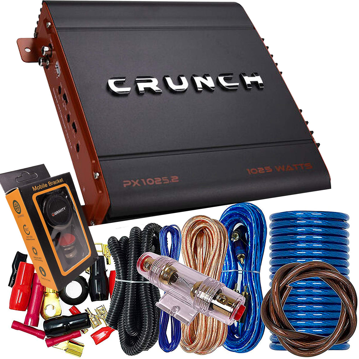 Crunch PX-1025.2 1000 Watts Power X Two Channel Car Audio Amplifier + 2 Channels 4 Gauge Amplifier Kit with Gravity Magnet Phone Holder Bundle