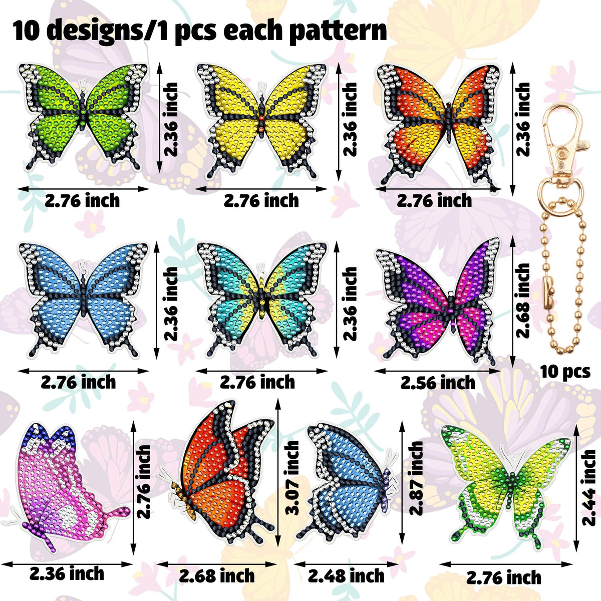 10 PCS Butterfly Diamond Painting Keychains Kit Double Sided Diamonds Art Key Rings Hanging 5D Diamond Ornaments Butterfly Full Drill Diamonds Pendants for Spring Summer Beginners Adults DIY Crafts